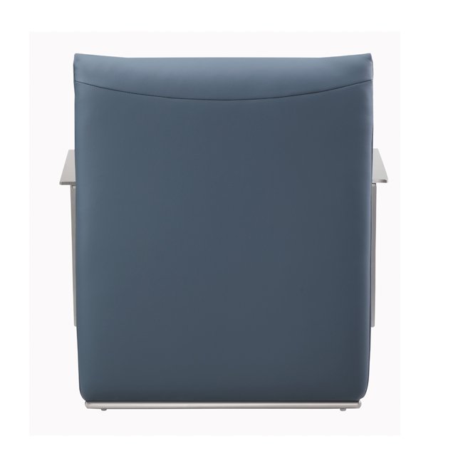 Modern lounge chair with deep blue upholstered seat and backrest, featuring sleek brushed metal armrests and minimalist design – ideal for commercial or hospitality interiors