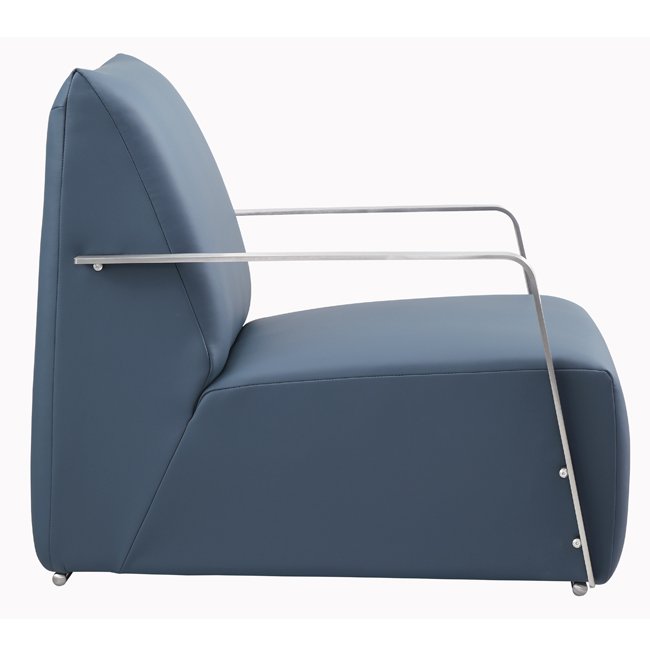 Modern lounge chair with deep blue upholstered seat and backrest, featuring sleek brushed metal armrests and minimalist design – ideal for commercial or hospitality interiors