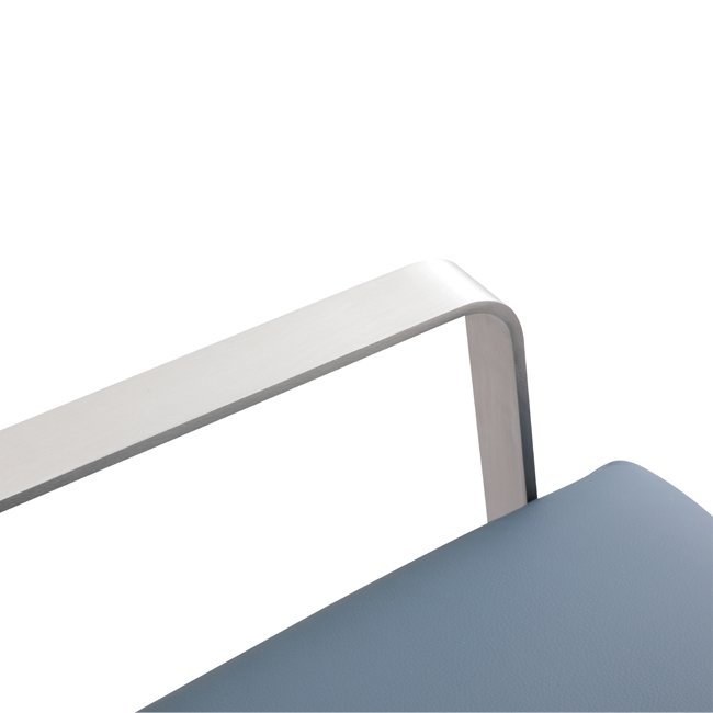Modern lounge chair with deep blue upholstered seat and backrest, featuring sleek brushed metal armrests and minimalist design – ideal for commercial or hospitality interiors