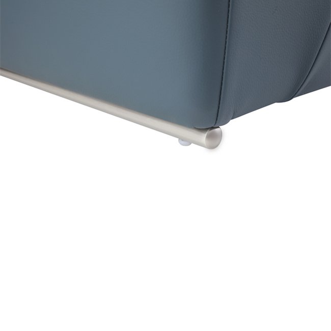 Modern lounge chair with deep blue upholstered seat and backrest, featuring sleek brushed metal armrests and minimalist design – ideal for commercial or hospitality interiors