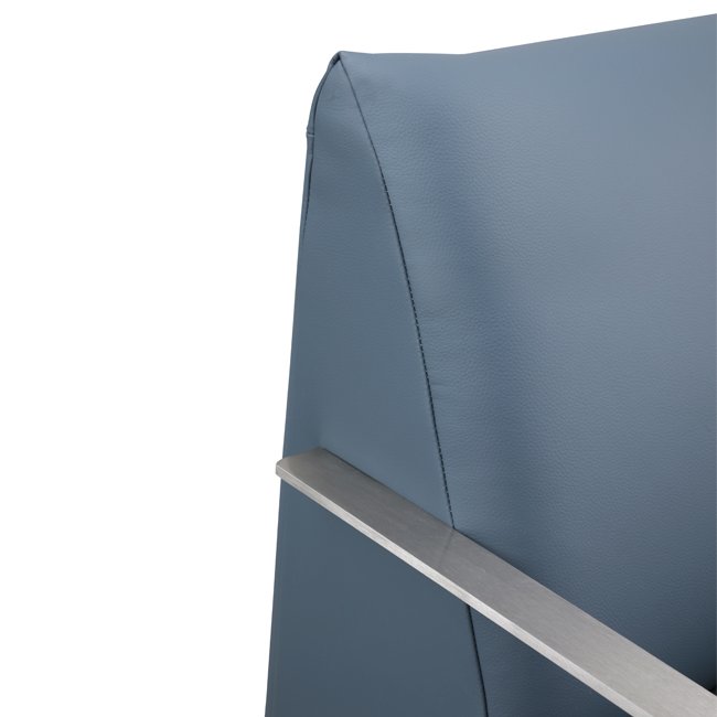 Modern lounge chair with deep blue upholstered seat and backrest, featuring sleek brushed metal armrests and minimalist design – ideal for commercial or hospitality interiors
