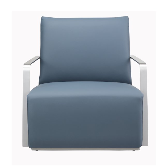 Modern lounge chair with deep blue upholstered seat and backrest, featuring sleek brushed metal armrests and minimalist design – ideal for commercial or hospitality interiors