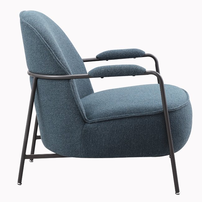 Modern blue lounge chair with curved backrest, textured upholstery, and cushioned metal armrests – a durable, commercial-grade seating solution ideal for commercial venues including hotels, pubs, gaming rooms, hospitality lounges, waiting areas, lobbies or reception areas