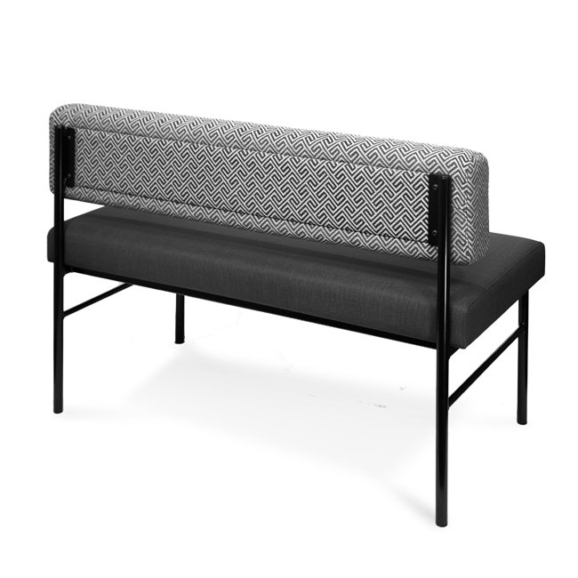 Custom-designed Scandi bench seat with upholstered backrest and seat, featuring a sleek black frame. Built for commercial hospitality settings such as cafes, restaurants, and dining venues. Ideal for banquette or booth-style seating.